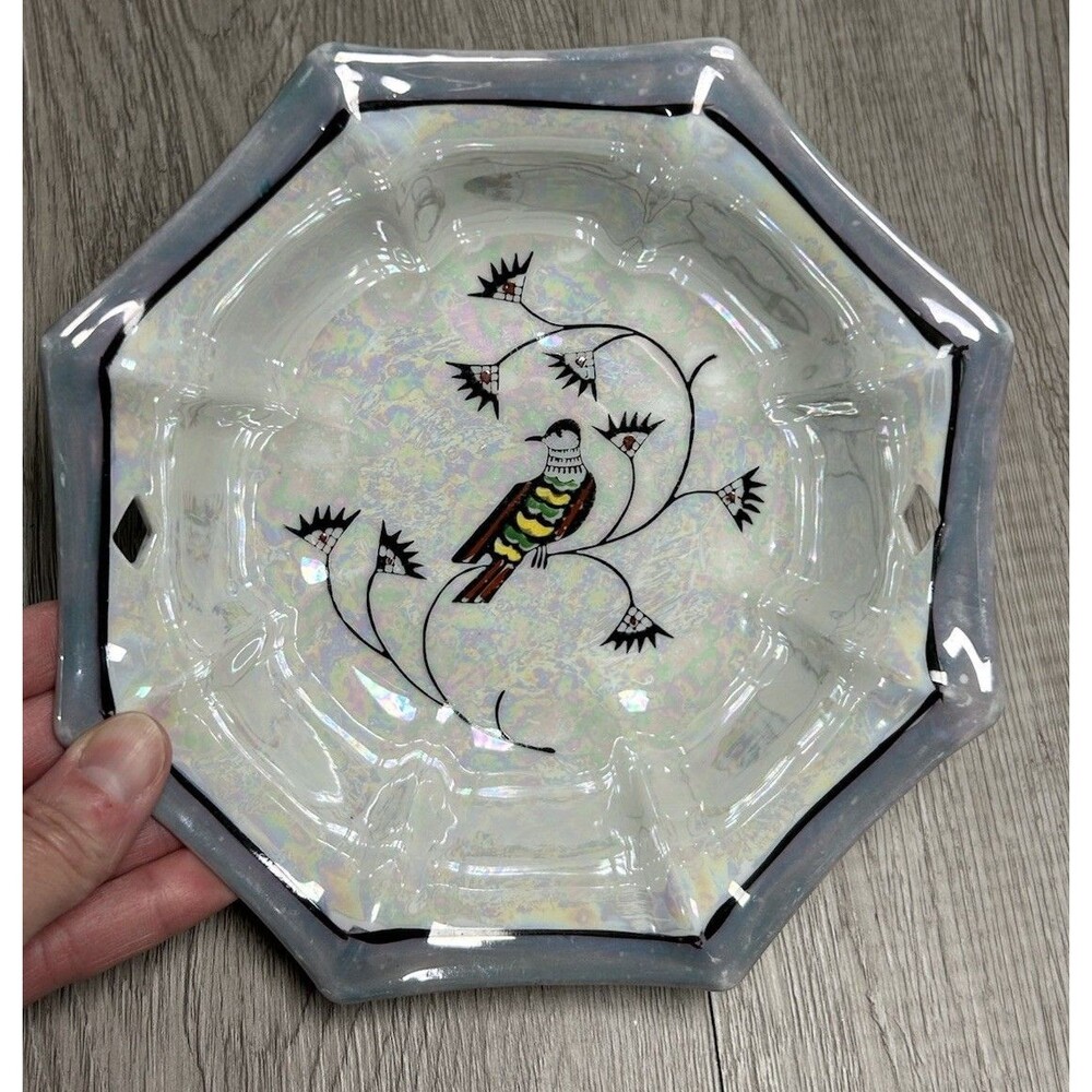 Vintage Porcelain Bowl Dish Floral & Bird Iridescent Opalescent Glaze Japan